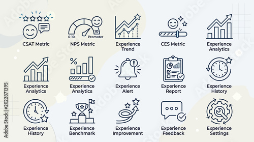 Customer experience and business metrics line icon set.