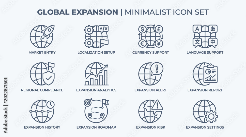 Fototapeta premium Minimalist global expansion business icon set.