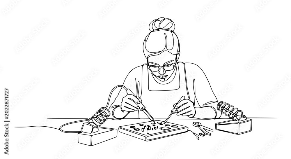 Obraz premium Woman Soldering Electronics Components on Circuit Board, Continuous Line Drawing
