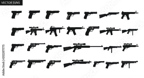 Fotografía Collection of Silhouette Firearms, Handguns, Rifles, and Machine Guns Icons Vect