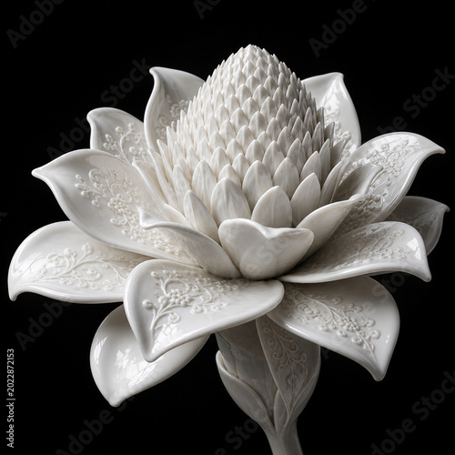 Vertical 3D of a tropical torch ginger / rose de porcelaine flower crafted from exquisite white porcelain ceramic on a dark background