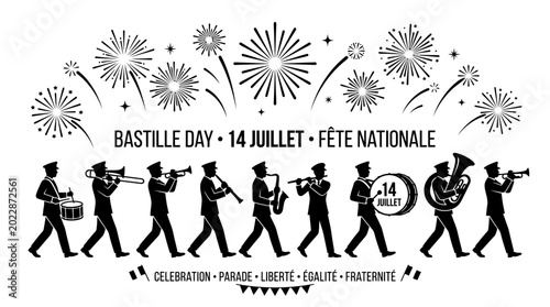 Foto Bastille Day marching band silhouette with fireworks and national celebration text