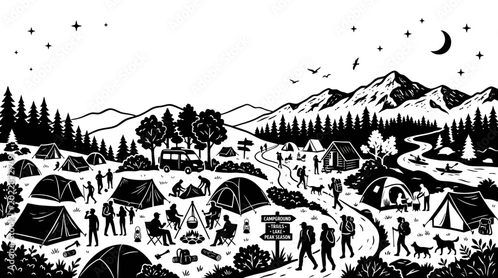 Obraz premium Black and white illustration of a lively summer camping scene with people and tents.