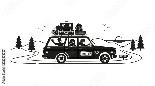 Photos Black and white illustration of a family on a road trip in a vintage station wagon car