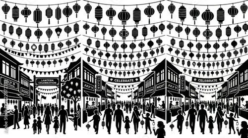 Foto Black and white illustration of a crowd walking through a street festival decorated with many hanging Chinese lanterns
