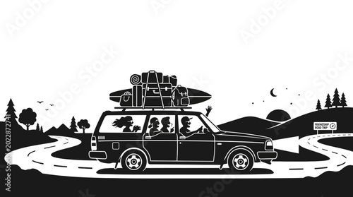 Vászonkép Black and white illustration of a family traveling in a station wagon car