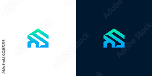 Tableau sur toile Sleek, modern geometric house logo with a vibrant blue-green gradient, symbolizi