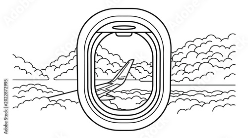 Obraz na płótnie Black and white line art illustration of an airplane window view looking out at clouds and wing