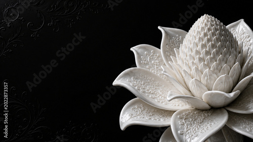 Vertical 3D of a tropical torch ginger / rose de porcelaine flower crafted from exquisite white porcelain ceramic on a dark background