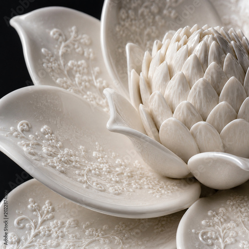 Vertical 3D art close up of a tropical torch ginger flower / rose de porcelaine crafted from exquisite white porcelain ceramic