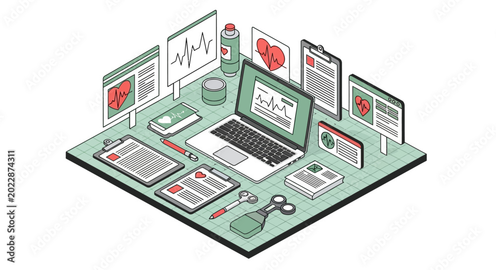 Fototapeta premium Comprehensive isometric workspace illustrating digital health, virtual consultations, and remote patient monitoring with medical technology and data management