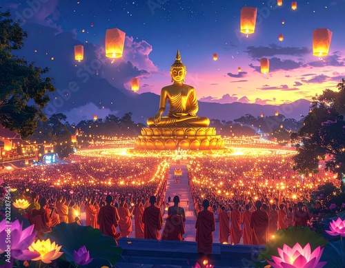 Magnificent golden Buddha statue overlooks a serene twilight festival, illuminated by thousands of glowing lanterns as devoted monks partake in a peaceful spiritual and cultural celebration