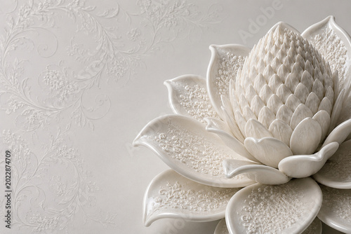 Vertical 3D dof a tropical torch ginger / rose de porcelaine flower crafted from exquisite white porcelain ceramic