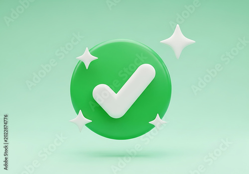 3D rendered green check mark success icon with sparkling stars checkmark verified validation positive approval complete