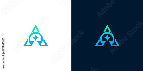 Foto Abstract letter A logo design with star and circle elements in gradient blue and