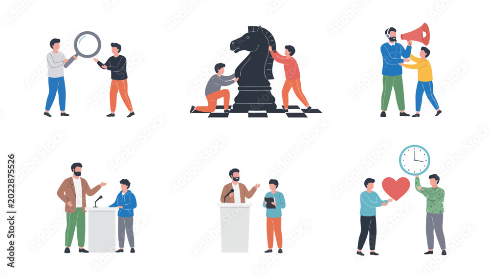 Fototapeta premium Set of business people working together, collaborating, and communicating in various situations, flat vector illustrations.