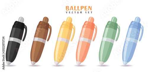 Fotografie Cute Retractable Ballpen Vector Set Colorful Cartoon Office School Stationery Is