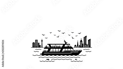 Konstfotografi Black and white vector illustration of a passenger boat cruising along a city skyline