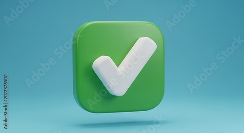 3D render of a green square icon featuring a white checkmark symbol for success and approval checkmark approval validation verified complete positive interface isolated