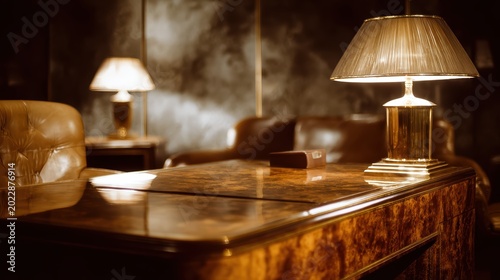 Vintage Office Ambience: A richly polished wooden desk in a dimly lit, vintage office, illuminated by elegant table lamps, creates an atmosphere of quiet contemplation and classic sophistication.