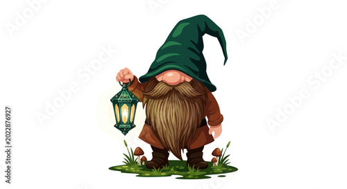 Quadro su tela Cute Garden Gnome Holding Lantern in Magical Forest with Mushrooms and Grass