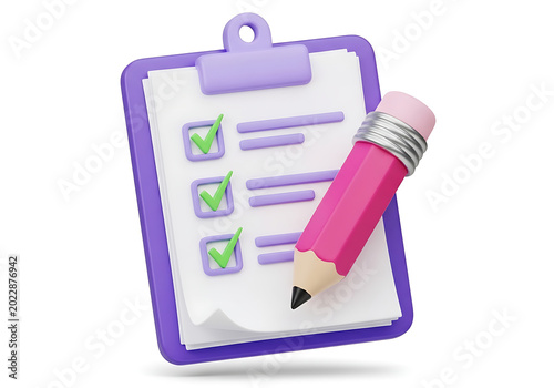 3D clipboard with checklist and pink pencil icon clipboard checklist business planning management document education productivity organization information stationery