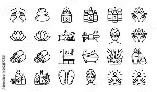 Tableau sur toile Spa and Wellness Line Icon Set Featuring Massage, Hot Stones, Lotus Flower, Esse