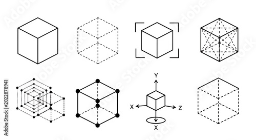 Collection of technical isometric cube icons and structural wireframe geometries with isometric geometric wireframe technical structure perspective blueprint engineering construction abstract