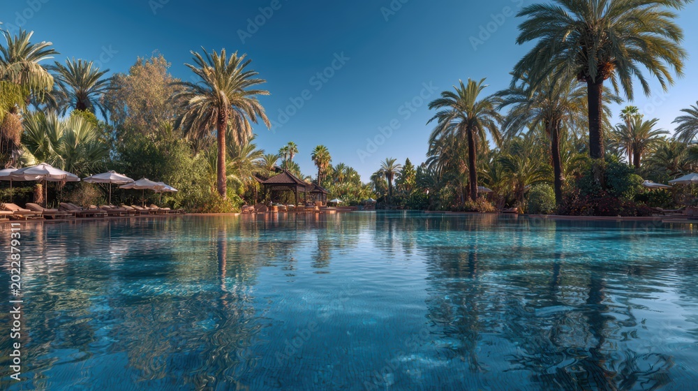 Obraz premium Tropical Oasis Paradise: A stunning panoramic view of a crystal-clear blue swimming pool surrounded by lush palm trees and exotic vegetation, under a bright, sunny sky.
