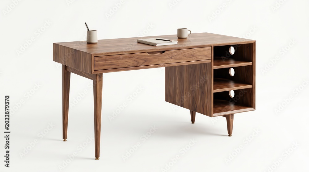 Fototapeta premium Minimalist wooden desk with drawers and ceramic items on white surface
