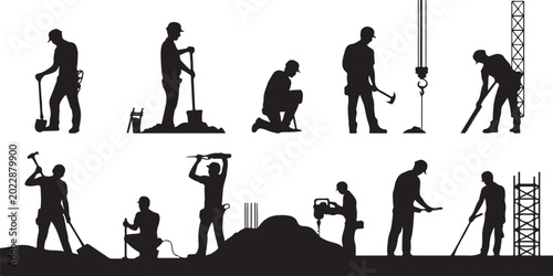 Photos construction site silhouettes of workers with tools and equipment