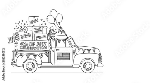 Coloring page featuring a vintage pickup truck for Independence Day celebration.