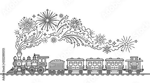 Fotografie Coloring page featuring a vintage steam train with festive fireworks smoke