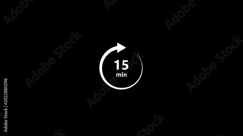 A white circular with a clockwise arrow and the text 15 min inside a dark black background representing a time limit or duration of fifteen minutes for a task or event