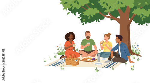 Group of diverse friends enjoying a picnic together under a tree.