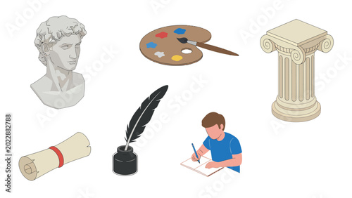 Collection of isometric icons representing art, history, and education, including a bust, paint palette, column, scroll, quill pen, and a student drawing.