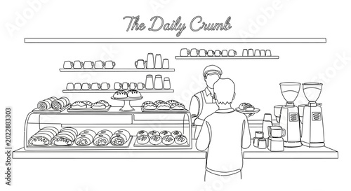 Obraz na płótnie Customer ordering pastries at a bakery counter, hand-drawn illustration