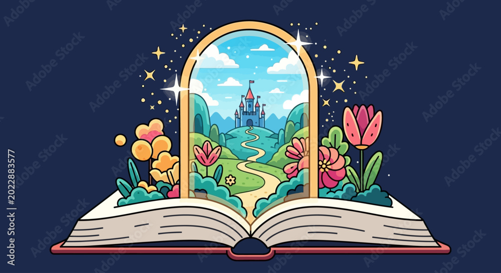 Obraz premium Open book reveals a magical castle and dreamlike landscape.