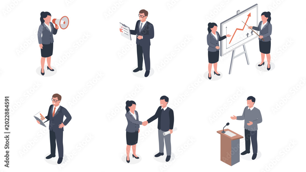 Fototapeta premium Isometric business people set showing various office and professional activities like presentations, meetings, and discussions.