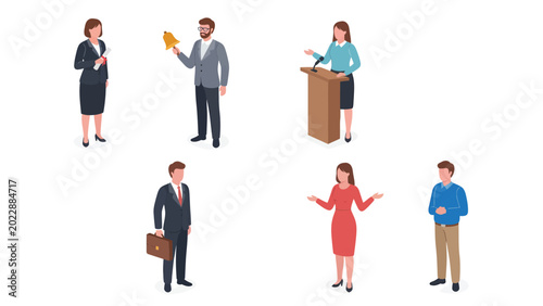 Set of diverse business people in various poses and actions, including presenting, holding a trophy, and standing with a briefcase.