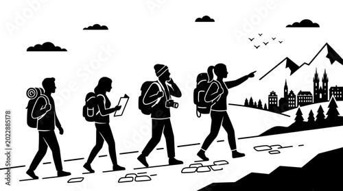 Group of hikers walking and exploring in nature silhouette.