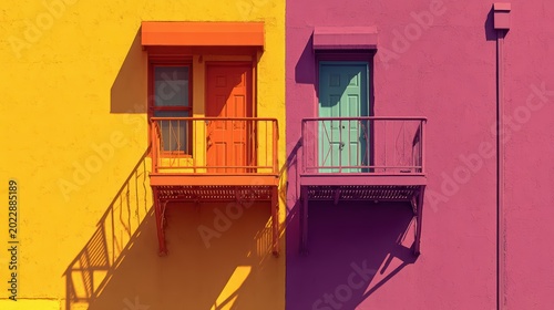 Colorful Facade: A vibrant split facade featuring two distinct balconies with doors, one painted bright yellow and the other a vivid pink, casting long shadows in the daylight.