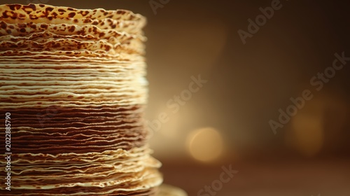 A Stack of Delicate Pancakes: A close-up shot showcases a tall stack of thin, golden-brown pancakes, their textured surfaces hinting at a delicious breakfast treat, set against a softly blurred.