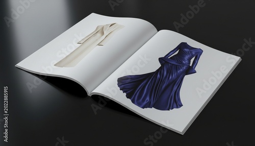 a mockup of an open fashion magazine on a glossy black table. The visible page showcase a high fashion clothing advertisement with a clean, minimalist layout