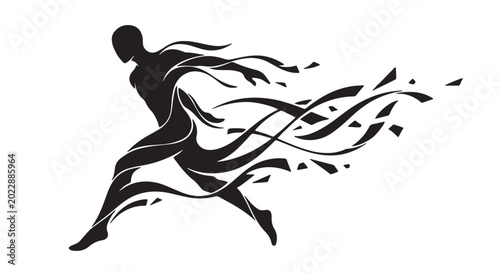 Cuadro en lienzo Abstract black human silhouette dissolving into fragmented ribbon currents, asym