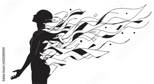 Quadro em tela Abstract black human silhouette dissolving into geometric smoke ribbons, isolate