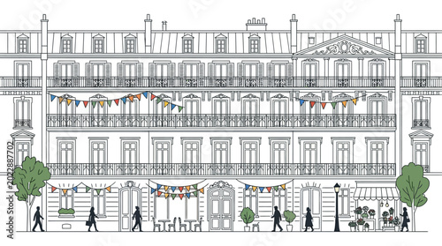 Hand drawn illustration of a classic Parisian apartment building street scene.