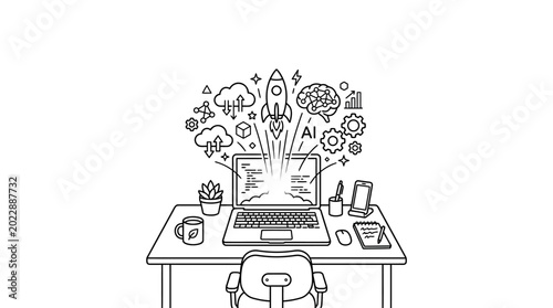 Foto Hand drawn illustration of a laptop on a desk with artificial intelligence and technology icons