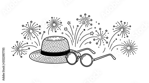 Hand drawn illustration of a straw hat and round eyeglasses with festive fireworks in the background.
