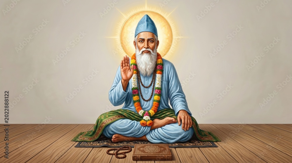 Fototapeta premium Elderly spiritual guru sitting in meditation pose with holy book and prayer beads on a wooden floor sant kabirdas